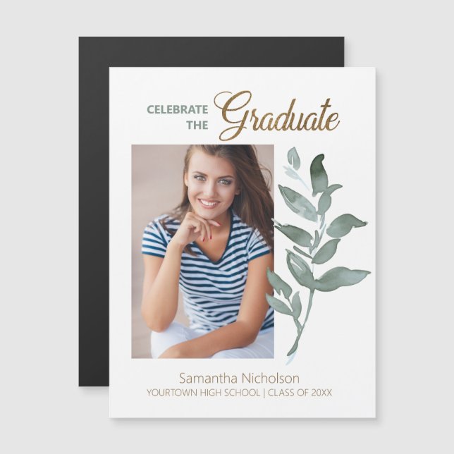 Elegant White Green Leaves Graduation Photo (Front/Back)