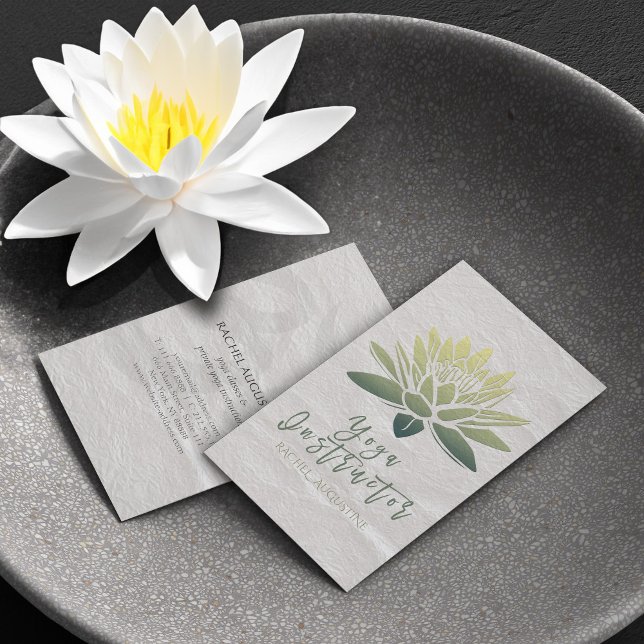 Elegant White & Green Lotus Yoga Instructor Script Business Card (Creator Uploaded)