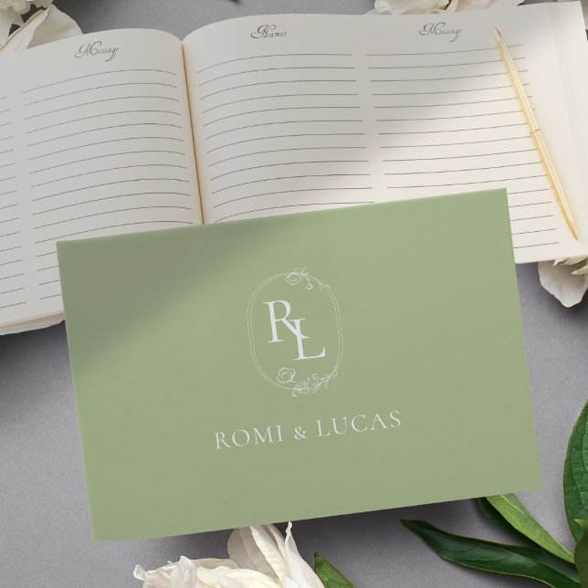 Elegant White & Green Monogram Wedding Guest Book (Creator Uploaded)