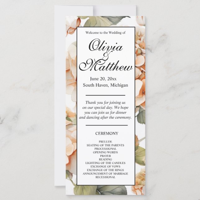 Elegant white green orange boho  floral program  (Front)