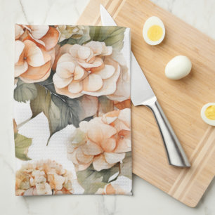 Elegant white green orange boho watercolor floral  tea towel