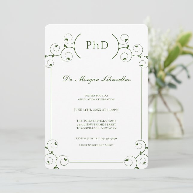 Elegant White Green PhD Graduation Invitation (Standing Front)