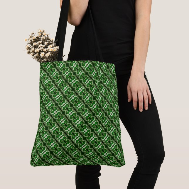 Elegant white green spiral diagonal pattern tote bag (Close Up)