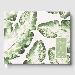Elegant White Green Tropical Beach Leaves Wedding Guest Book