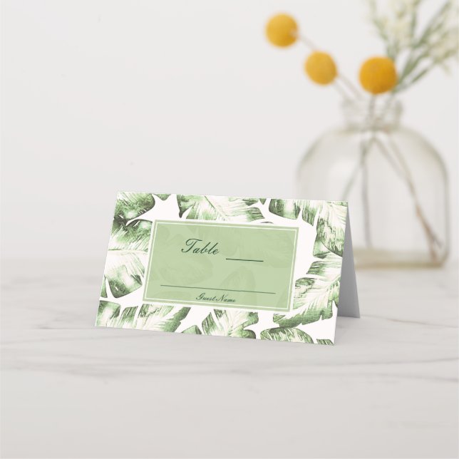 Elegant White Green Tropical Leaves Table Seating Place Card (Back)