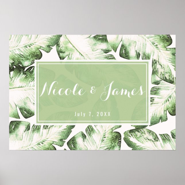 Elegant White Green Tropical Leaves Wedding Banner Poster (Front)