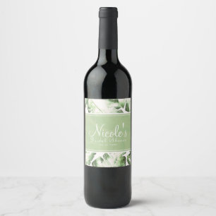 Elegant White Green Tropical Leaves Wedding Wine Wine Label