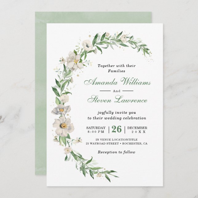 Elegant white green vintage floral wedding invitation (Front/Back)