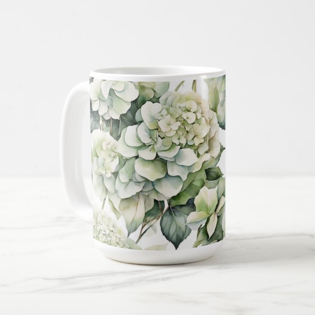 Elegant white green watercolor floral hydrangeas coffee mug (Front Left)