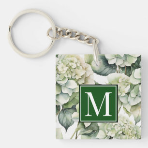 Elegant white green watercolor floral hydrangeas key ring