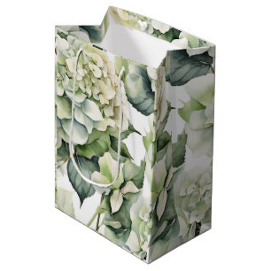 Elegant white green watercolor floral hydrangeas medium gift bag