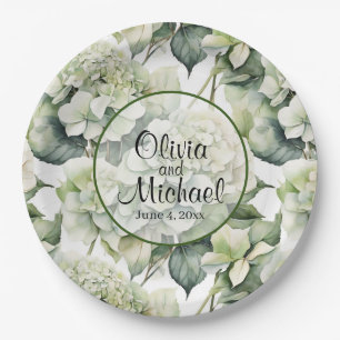 Elegant white green watercolor floral hydrangeas paper plate