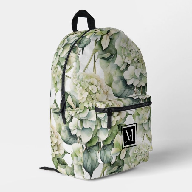 Elegant white green watercolor floral hydrangeas printed backpack (Back Corner Left)