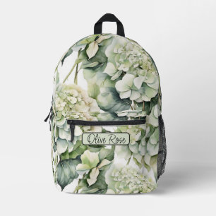 Elegant white green watercolor floral hydrangeas printed backpack