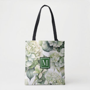 Elegant white green watercolor floral hydrangeas tote bag