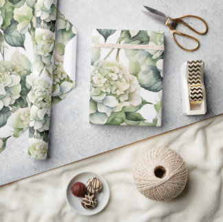 Elegant white green watercolor floral hydrangeas wrapping paper