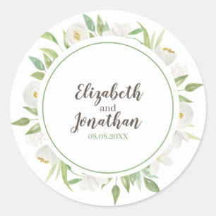 Elegant White & Green Watercolor Floral Wedding Classic Round Sticker