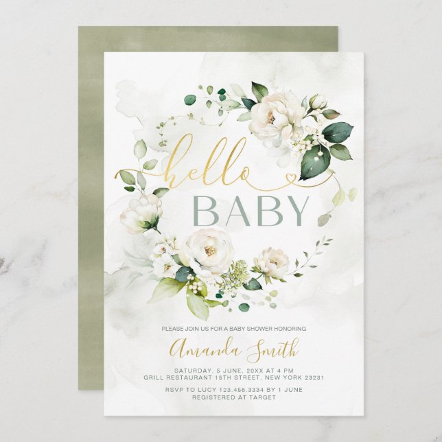 Elegant White Greenery Floral Hello Baby Shower Invitation (Front/Back)