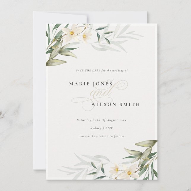Elegant White Greenery Floral Save the Date Card (Front)
