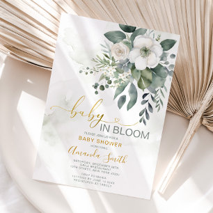 Elegant White Greenery Flowers Baby In Bloom Invitation