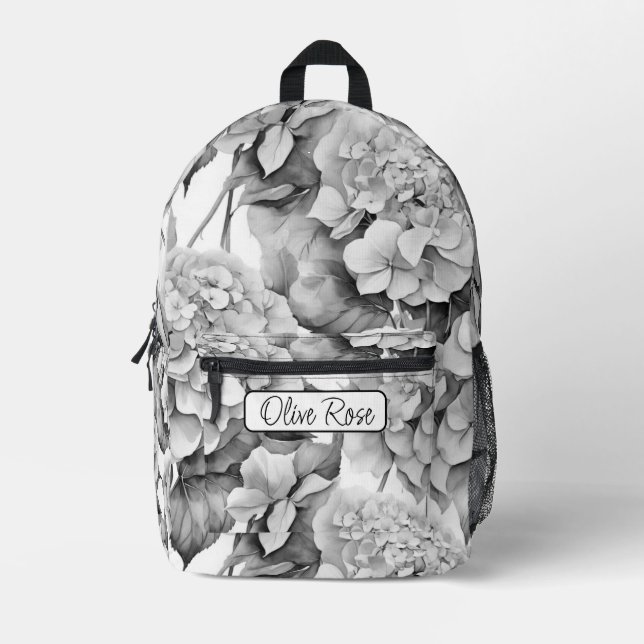 Elegant white grey black floral watercolor  printed backpack (Front)