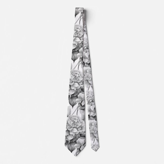 Elegant white grey black floral watercolor  tie (Front)