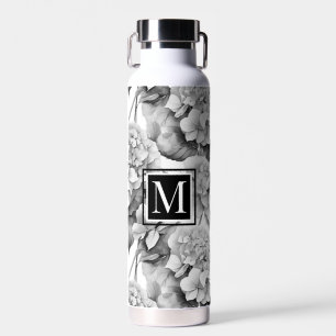 Elegant white grey black floral watercolor water bottle
