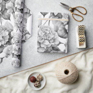Elegant white grey black floral watercolor  wrapping paper