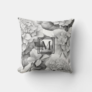 Elegant white grey floral watercolor monogram cushion