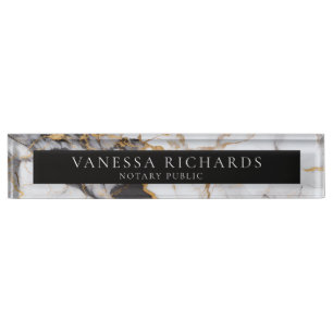 Elegant White Grey Gold Marble Notary Black Nameplate