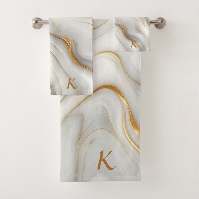 Elegant White Grey & Gold Marble Swirl  Initial Bath Towel Set (Insitu)