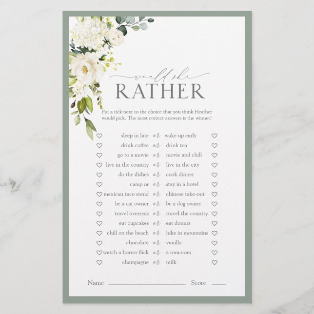 Elegant White Grey Green Bridal Shower Game (Front)