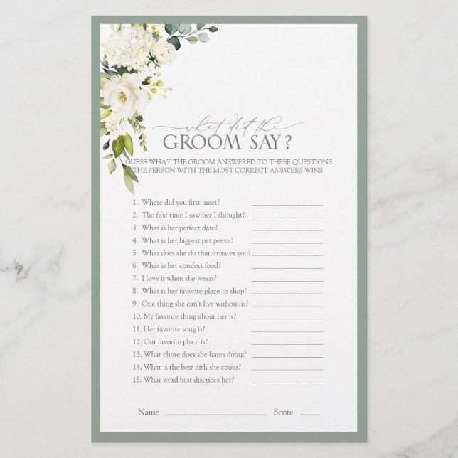 Elegant White Grey Green Bridal Shower Game (Front)