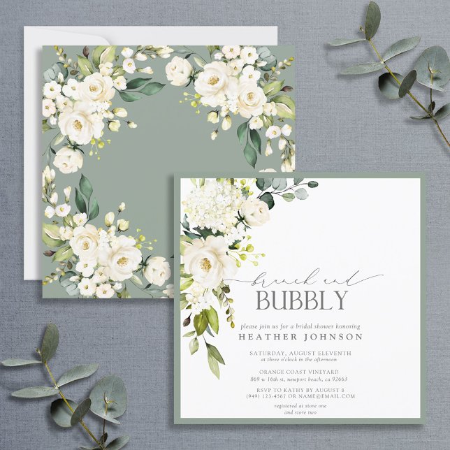 Elegant White Grey Green Brunch & Bubbly Shower Invitation (Creator Uploaded)