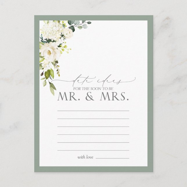 Elegant White Grey Green Floral Date Ideas Postcard (Front)