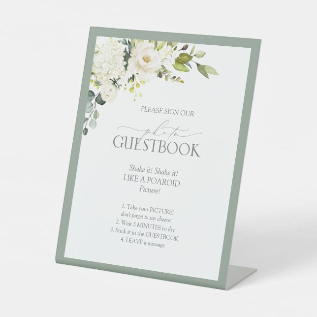 Elegant White Grey Green Floral Photo Guestbook Pe Pedestal Sign (Front)
