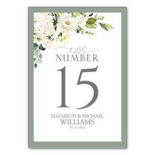 Elegant White Grey Green Floral Reception Table Number