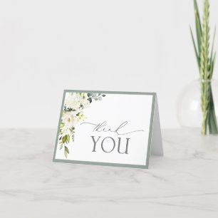 Elegant White Grey Green Floral Thank You Card