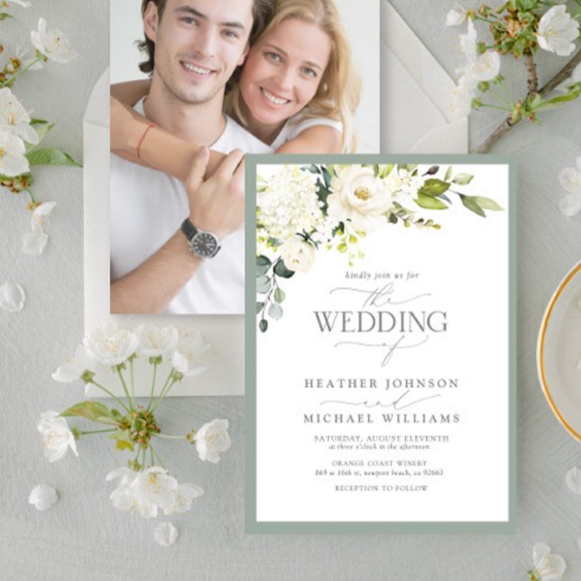 Elegant White Grey Green Floral Watercolor Photo Invitation (Creator Uploaded)