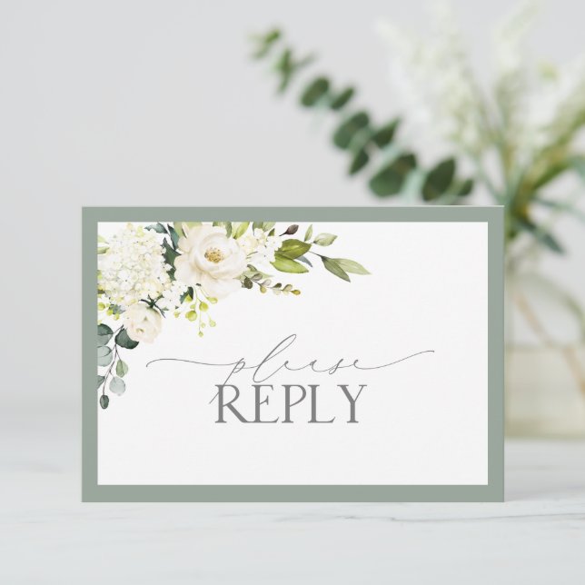 Elegant White Grey Green Floral Watercolor RSVP Card (Standing Front)