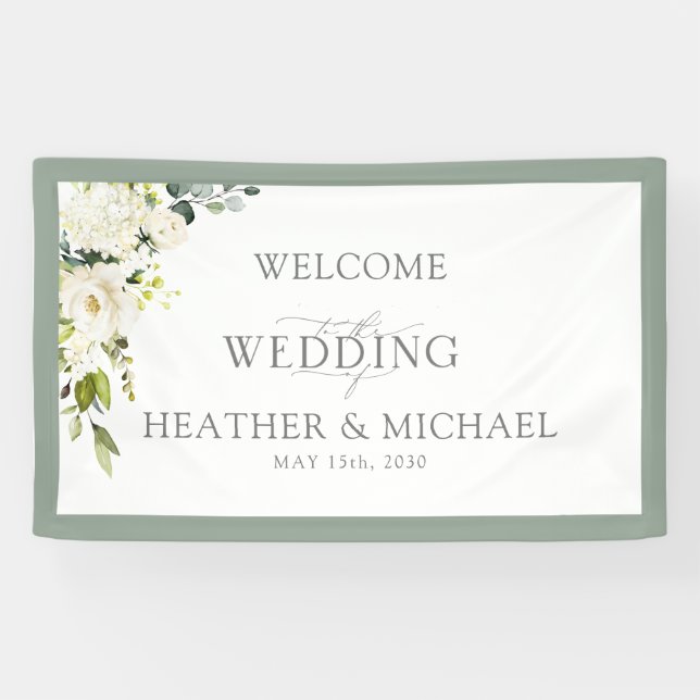 Elegant White Grey Green Floral Watercolor Script Banner (Horizontal)