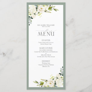 Elegant White Grey Green Floral Watercolor Wedding Menu