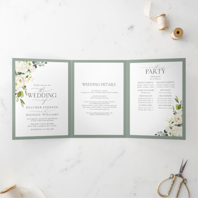 Elegant White Grey Green Meals Wedding Tri-Fold Invitation (Inside)