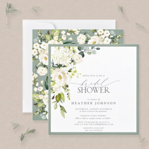 Elegant White Grey Green Watercolor Bridal Shower Invitation