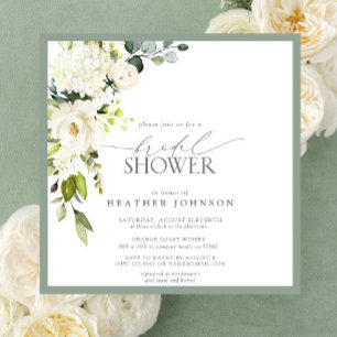 Elegant White Grey Green Watercolor Bridal Shower Invitation