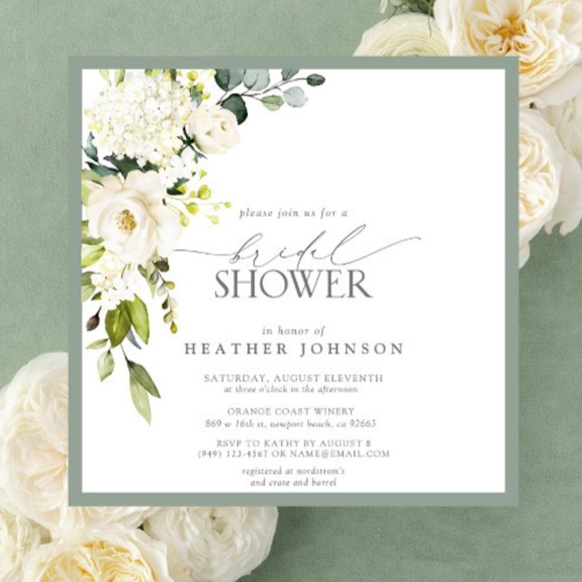 Elegant White Grey Green Watercolor Bridal Shower Invitation (Easily personalize this beautiful bridal shower invitation for a very special event!)