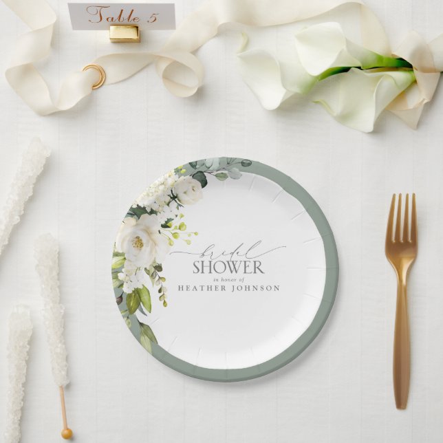 Elegant White Grey Green Watercolor Bridal Shower Paper Plate (Wedding)