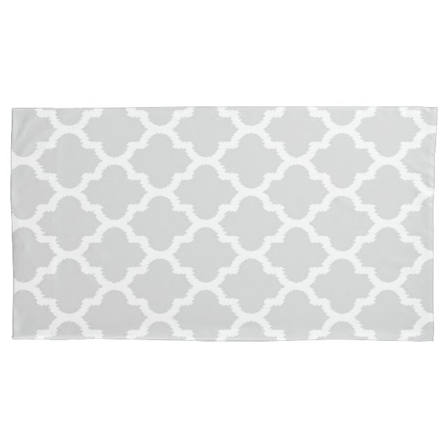 Elegant White & Grey Ikat Quatrefoil Pattern Pillowcase (Front)