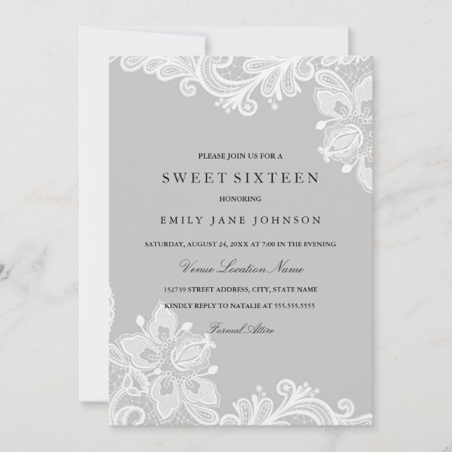 Elegant White Grey Lace Sweet Sixteen Invitation (Front)