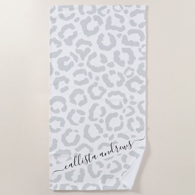 Elegant White Grey Leopard Cheetah Animal Print Beach Towel (Front)
